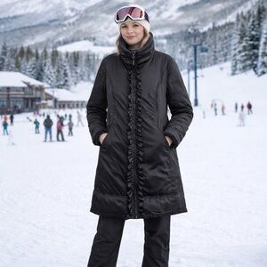 Via Spiga Down Puffer Coat Satin Finish Ruffle Trim Winter Jacket Outerwear Sz L